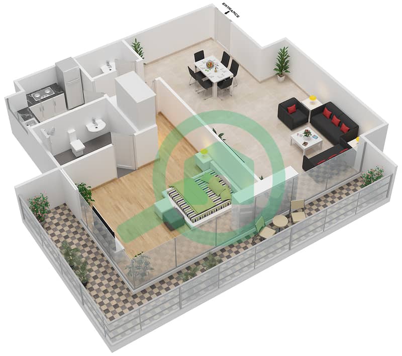 Al Haseen Residences - 1 Bedroom Apartment Type 1 Floor plan interactive3D