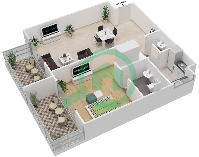 المخططات الطابقية لتصميم النموذج 3 شقة 1 غرفة نوم - الحسين ريزيدنس interactive3D