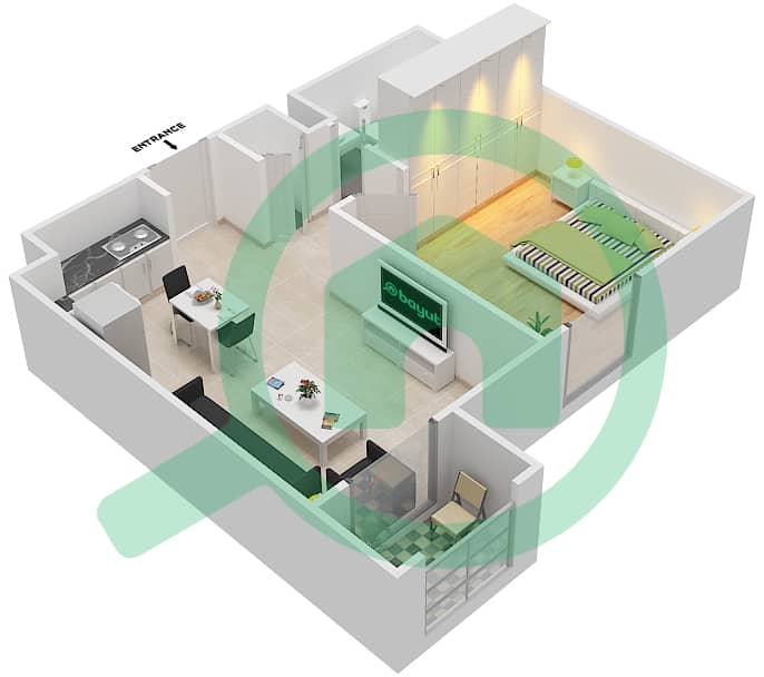 المخططات الطابقية لتصميم الوحدة 319,419,519,617,717 شقة 1 غرفة نوم - شقق زهرة 1B interactive3D
