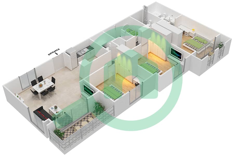 Zahra Apartments 1B - 3 Bedroom Apartment Unit 202,217,302,317,402,417 Floor plan interactive3D