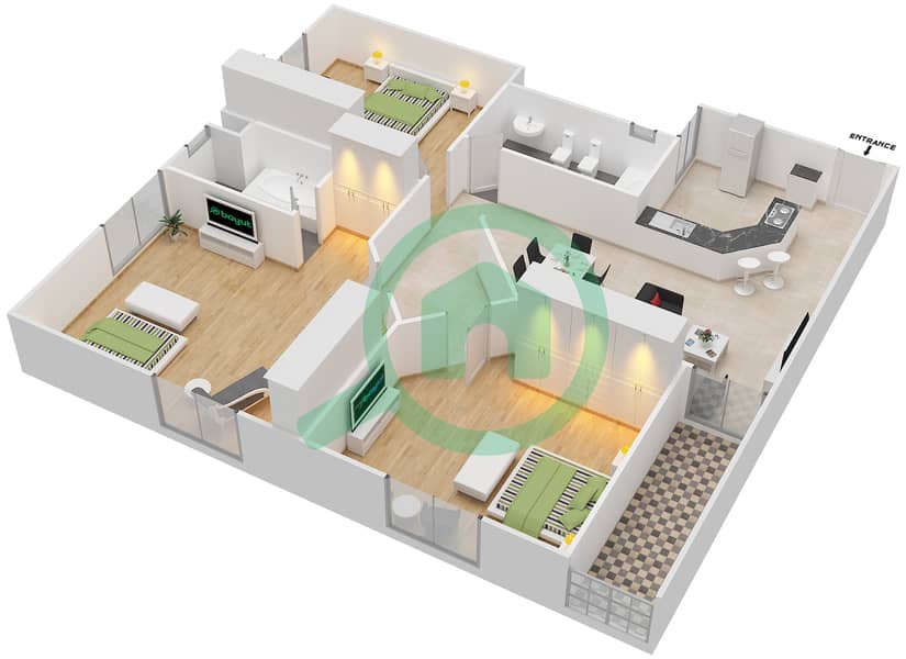 Аль Марва 3 Тауэр - Апартамент 3 Cпальни планировка Тип A3 interactive3D