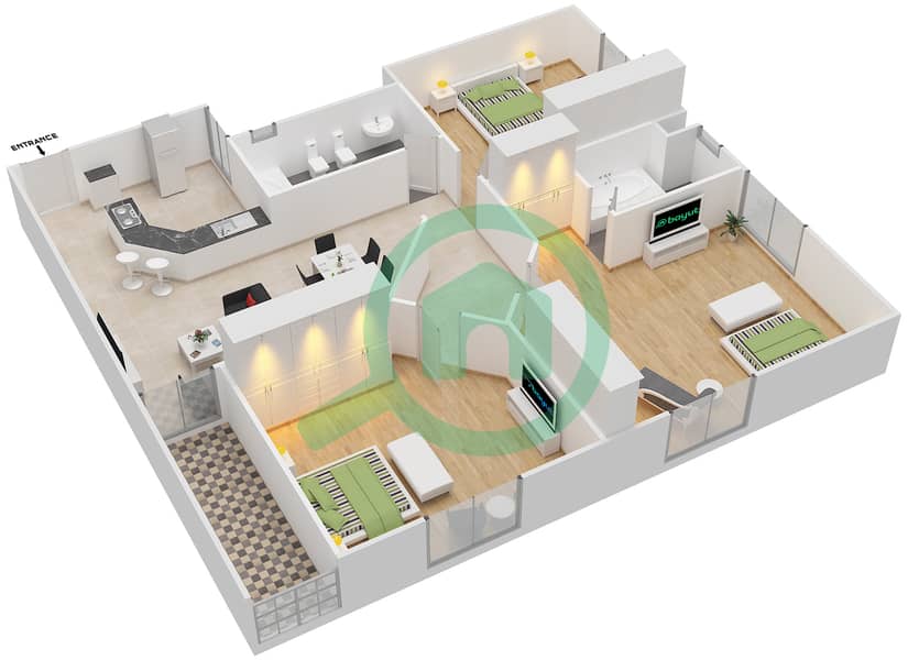 Al Marwa 3 Tower - 3 Bedroom Apartment Type A4 Floor plan interactive3D