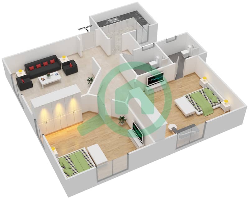 Al Marwa 3 Tower - 2 Bedroom Apartment Type A1 Floor plan interactive3D