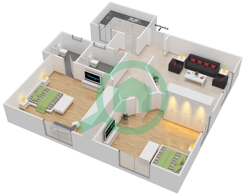 المخططات الطابقية لتصميم النموذج A2 شقة 2 غرفة نوم - برج المروى 3 interactive3D