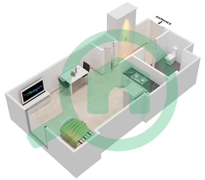 المخططات الطابقية لتصميم النموذج F شقة استوديو - شقق زهرة النسيم 2B interactive3D