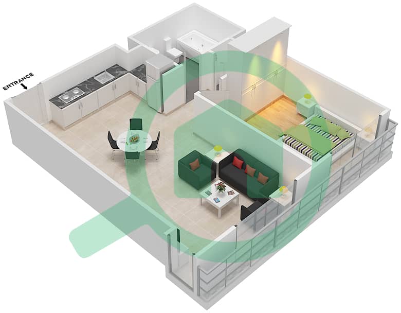 日出海湾公寓 - 1 卧室公寓单位4 FLOOR 1-5戶型图 interactive3D
