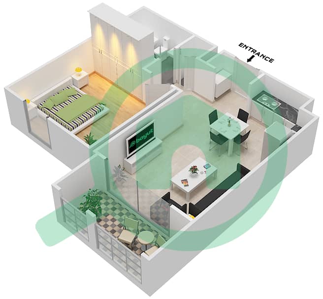 المخططات الطابقية لتصميم النموذج 1A-2 شقة 1 غرفة نوم - شقق زهرة النسيم 2B interactive3D