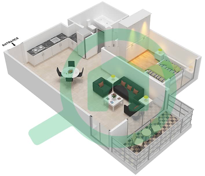 日出海湾公寓 - 1 卧室公寓单位6 FLOOR 2-17,19-25戶型图 interactive3D
