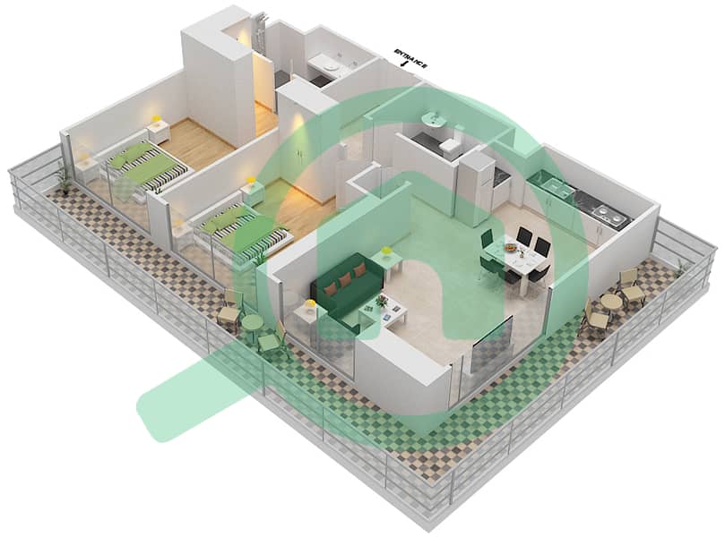 المخططات الطابقية لتصميم الوحدة 1,4 FLOOR 1-17,19-25 شقة 2 غرفة نوم - سانرايز باي interactive3D