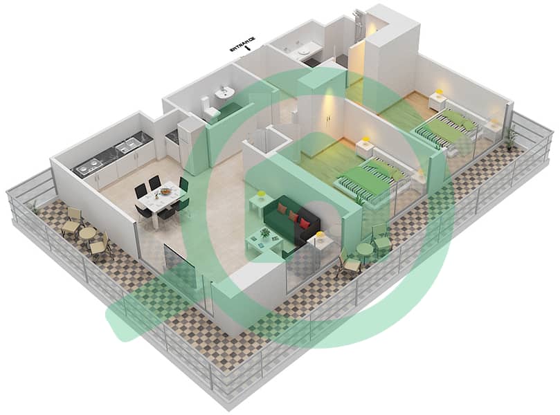المخططات الطابقية لتصميم الوحدة 4 FLOOR 26 شقة 2 غرفة نوم - سانرايز باي interactive3D