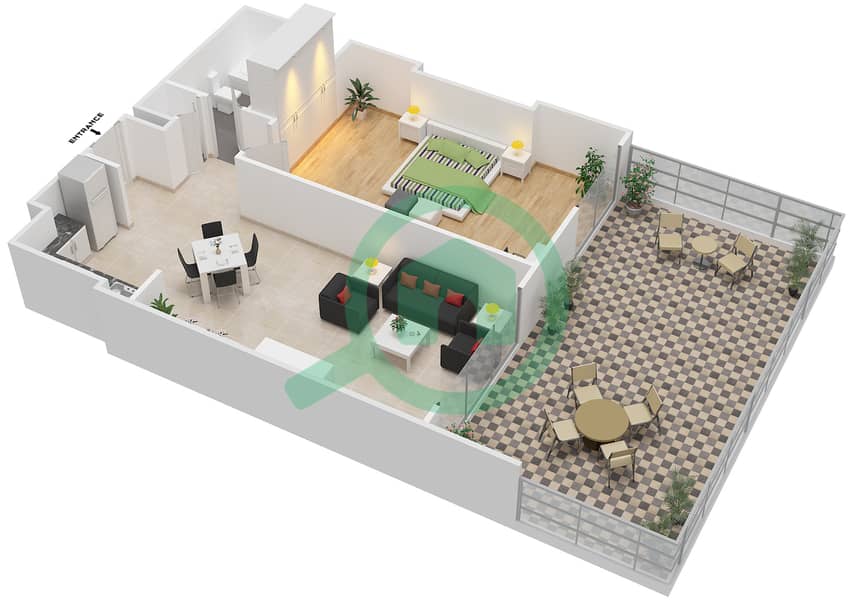 珍娜大广场1号楼 - 1 卧室公寓类型／单位1B-1/102,103戶型图 interactive3D