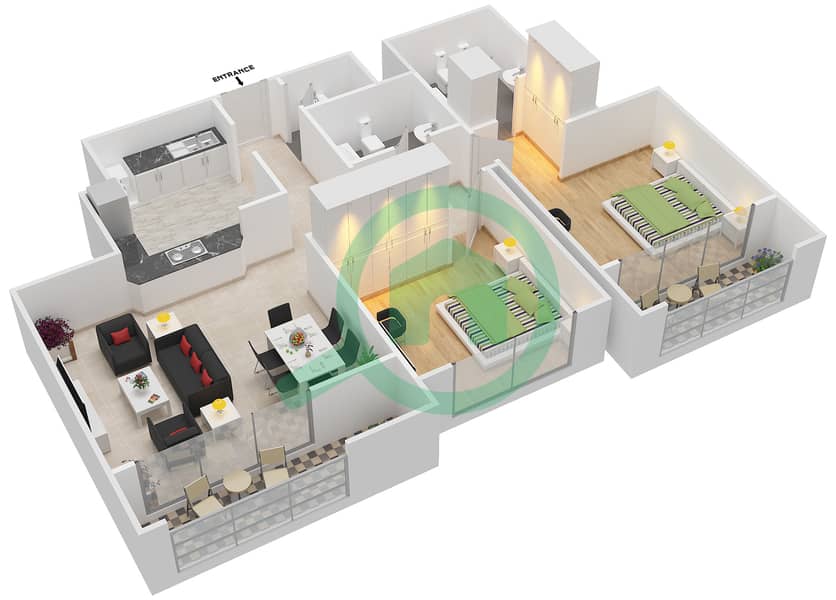 Al Fahad Tower 1 - 2 Bedroom Apartment Type 2,3,6,7 Floor plan interactive3D