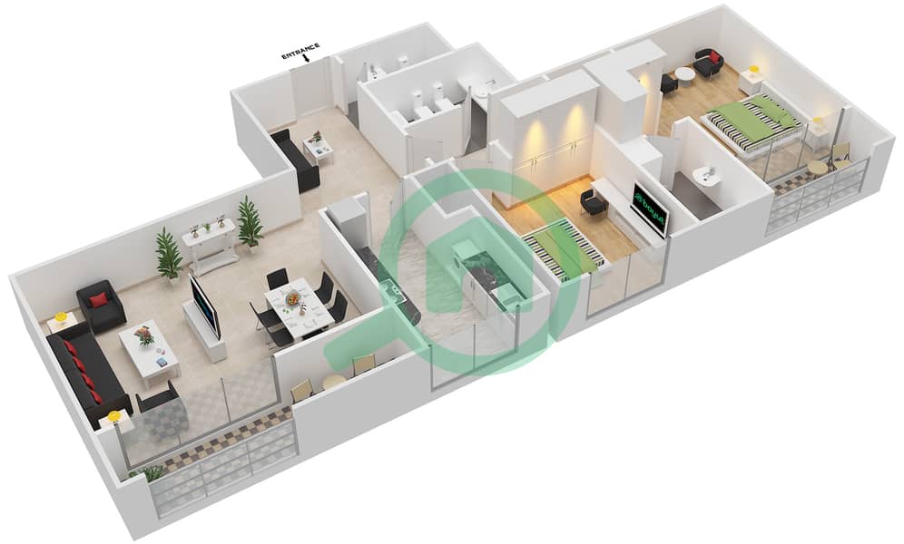 Al Fahad Tower 1 - 2 Bedroom Apartment Type 4 Floor plan interactive3D