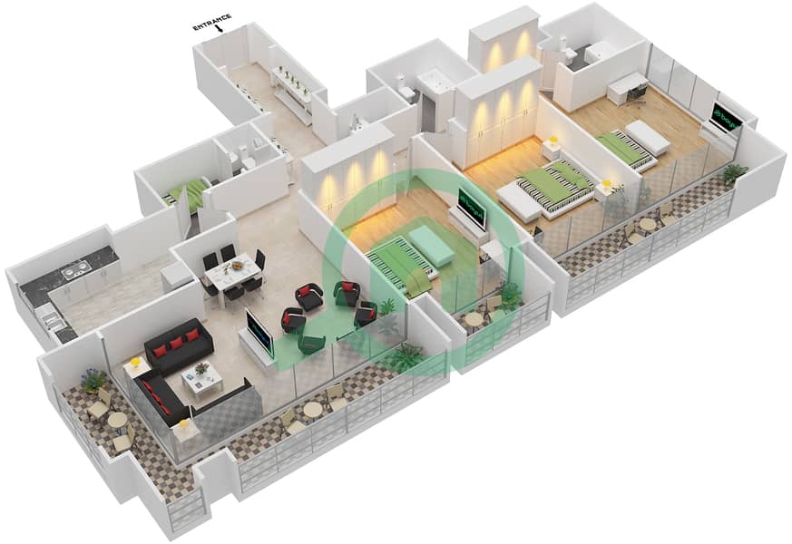 Al Fahad Tower 1 - 3 Bedroom Apartment Type 1,8 Floor plan interactive3D