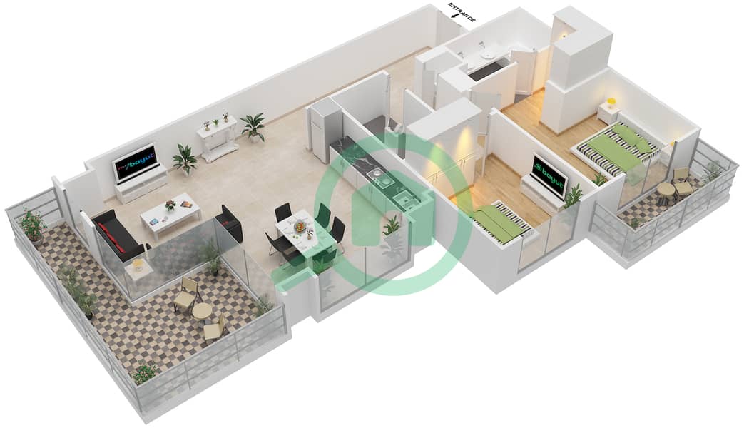 珍娜大广场1号楼 - 2 卧室公寓类型／单位2E-1/205,208戶型图 interactive3D