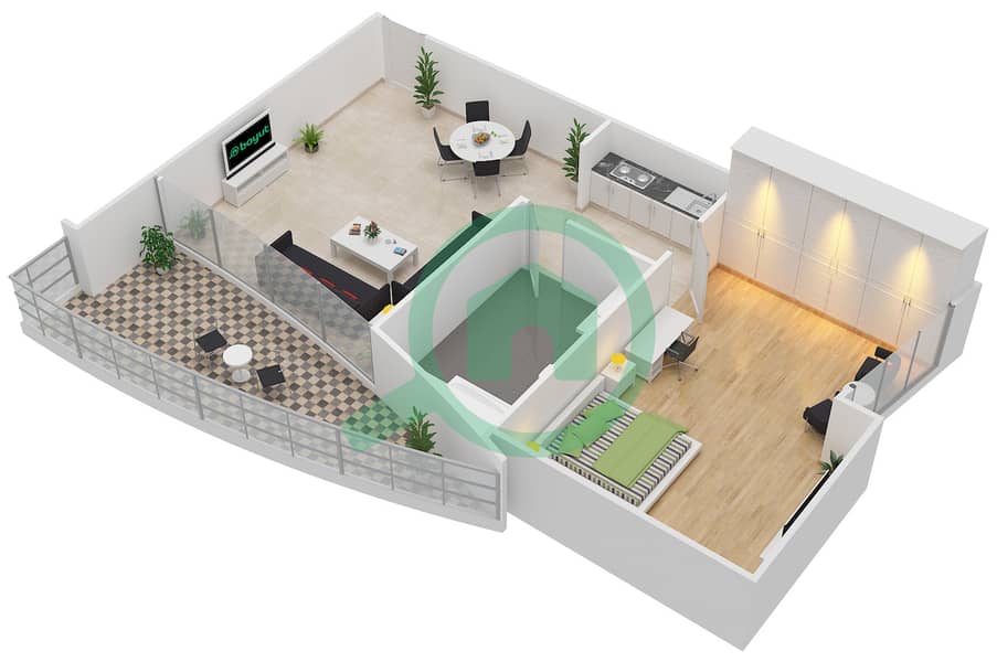 المخططات الطابقية لتصميم الوحدة 3 شقة 1 غرفة نوم - فيرست سنترال للشقق الفندقية Floor 2-7,9,25-27 interactive3D