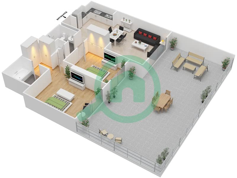 珍娜大广场1号楼 - 2 卧室公寓类型／单位2C-1/106,107戶型图 interactive3D