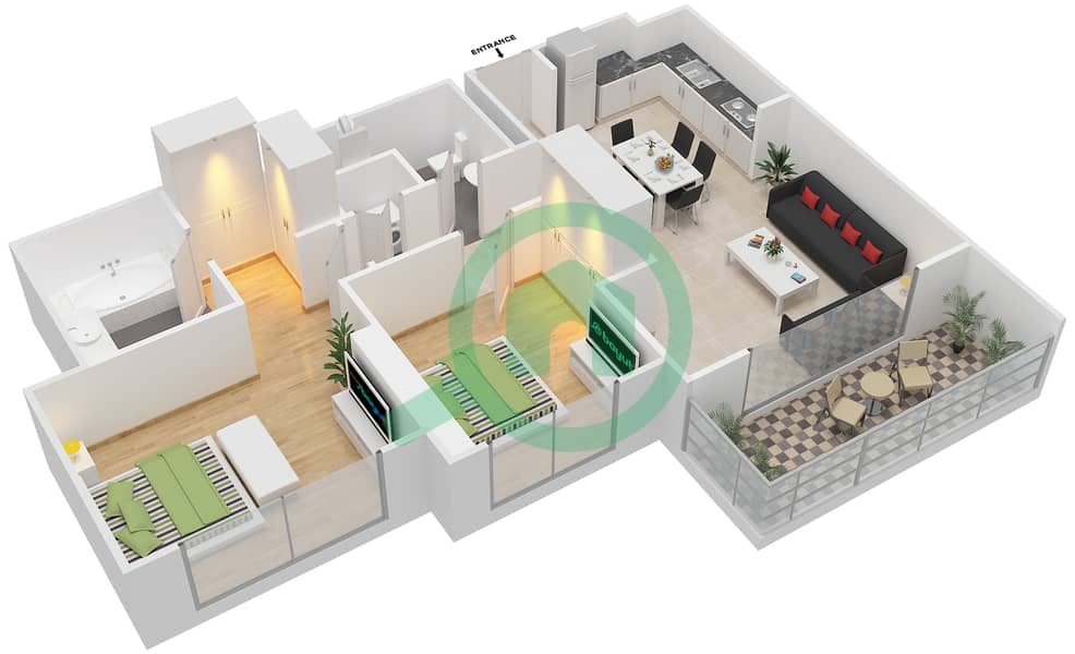 المخططات الطابقية لتصميم النموذج / الوحدة 2D-1/206,207,307,308,402 شقة 2 غرفة نوم - جنة 1 - الساحة الرئيسية interactive3D