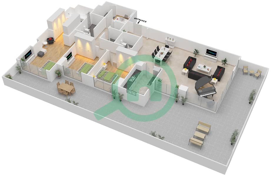 珍娜大广场1号楼 - 3 卧室公寓类型／单位3B-1/101,104戶型图 interactive3D