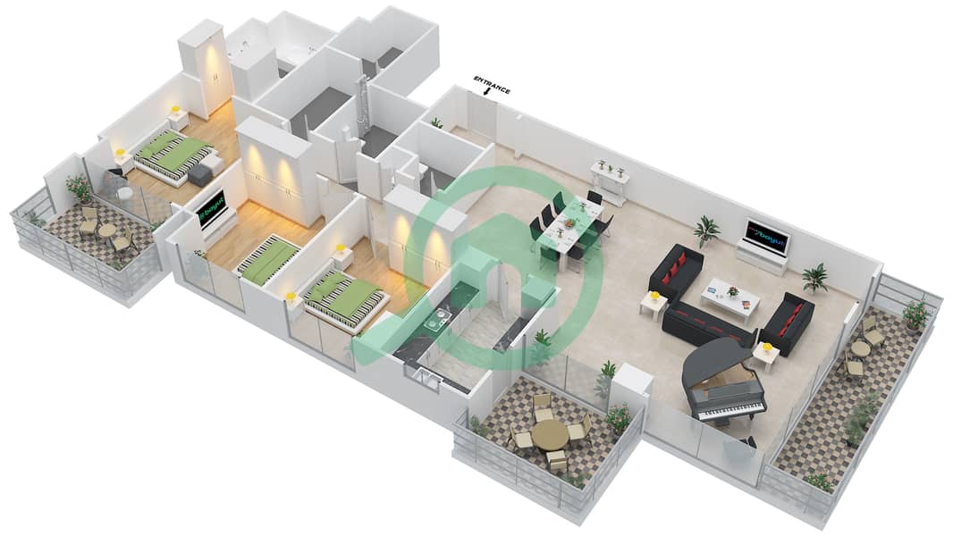 珍娜大广场1号楼 - 3 卧室公寓类型／单位3C-1/701,704戶型图 interactive3D