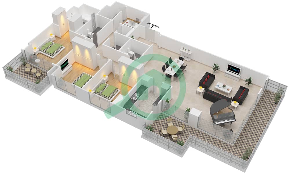 珍娜大广场1号楼 - 3 卧室公寓类型／单位3D-1/201,204戶型图 interactive3D