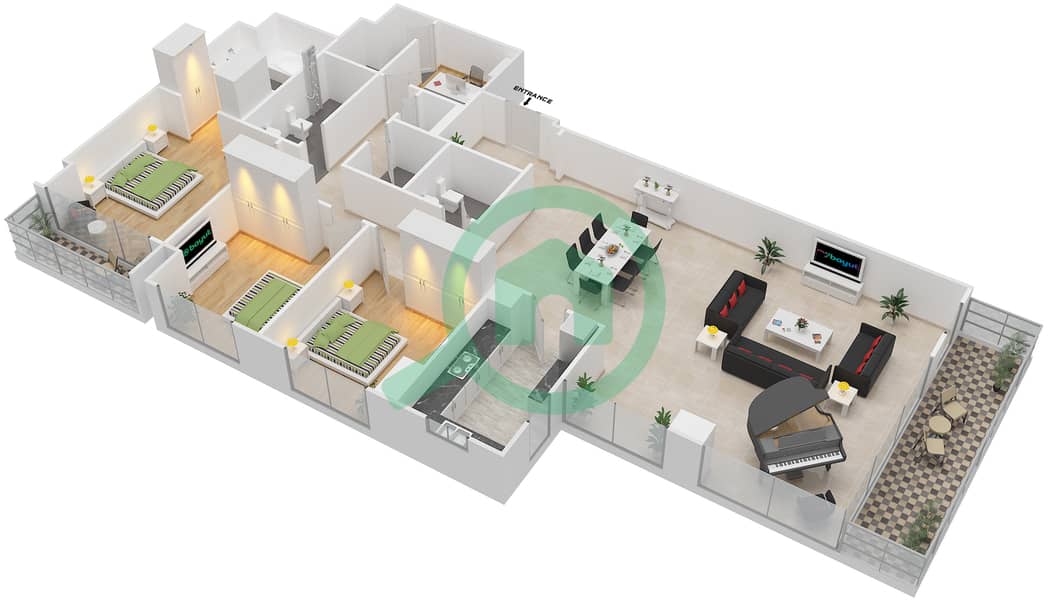 珍娜大广场1号楼 - 3 卧室公寓类型／单位3D-3/401,404,601,604,801戶型图 interactive3D