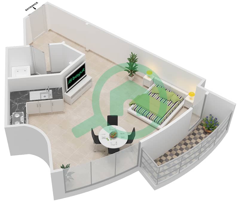 Al Saqran Tower - Studio Apartment Type 1D Floor plan interactive3D