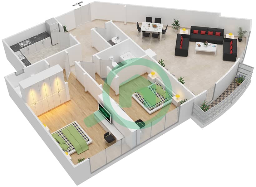 المخططات الطابقية لتصميم النموذج 2C شقة 2 غرفة نوم - برج الصقران interactive3D