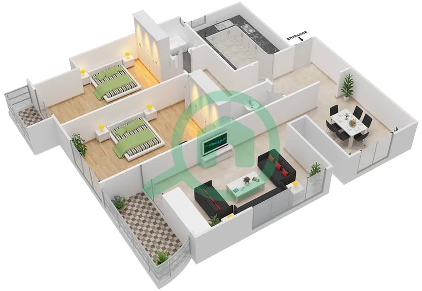 المخططات الطابقية لتصميم النموذج 4D شقة 2 غرفة نوم - برج الصقران interactive3D
