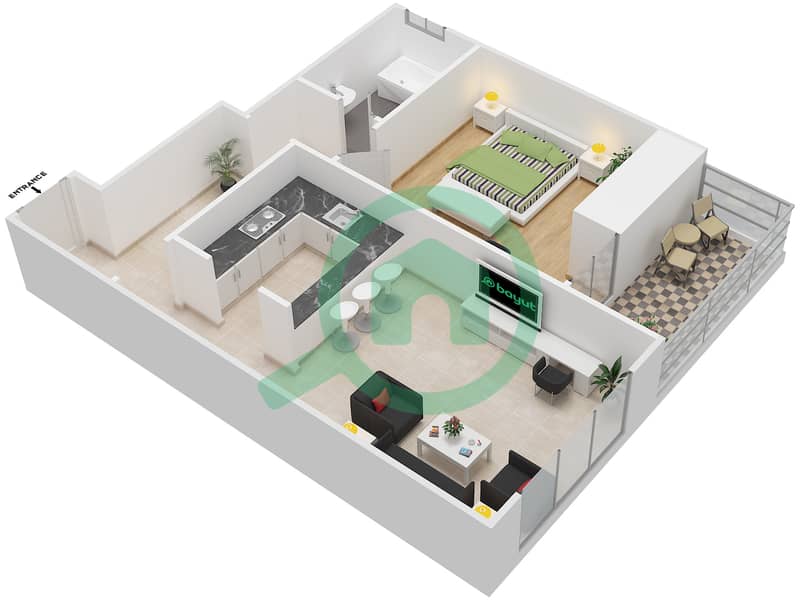 Al Saqran Tower - 1 Bedroom Apartment Type 4C Floor plan interactive3D