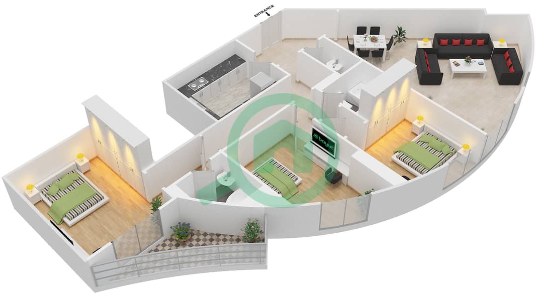 Al Saqran Tower - 3 Bedroom Apartment Type 1A Floor plan interactive3D