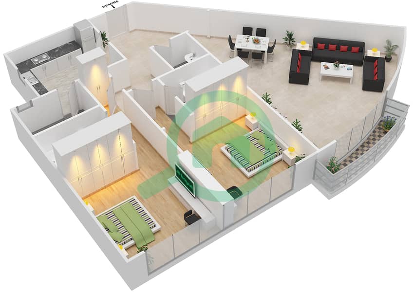 المخططات الطابقية لتصميم النموذج 1E شقة 2 غرفة نوم - برج الصقران interactive3D