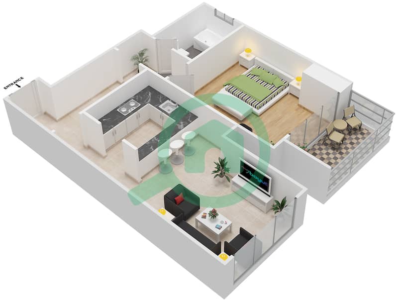 Al Saqran Tower - 1 Bedroom Apartment Type 1C Floor plan interactive3D