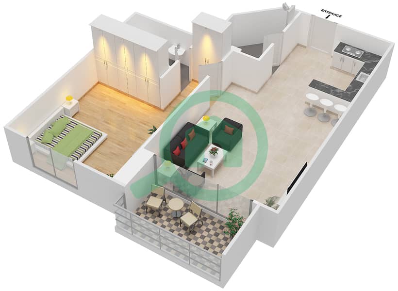 Al Saqran Tower - 1 Bedroom Apartment Type 3C Floor plan interactive3D