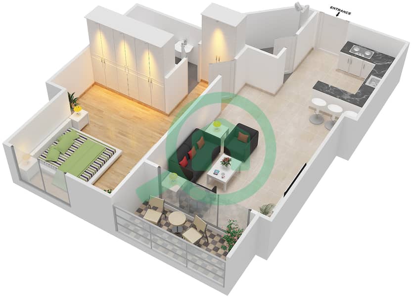 المخططات الطابقية لتصميم النموذج 2A شقة 1 غرفة نوم - برج الصقران interactive3D