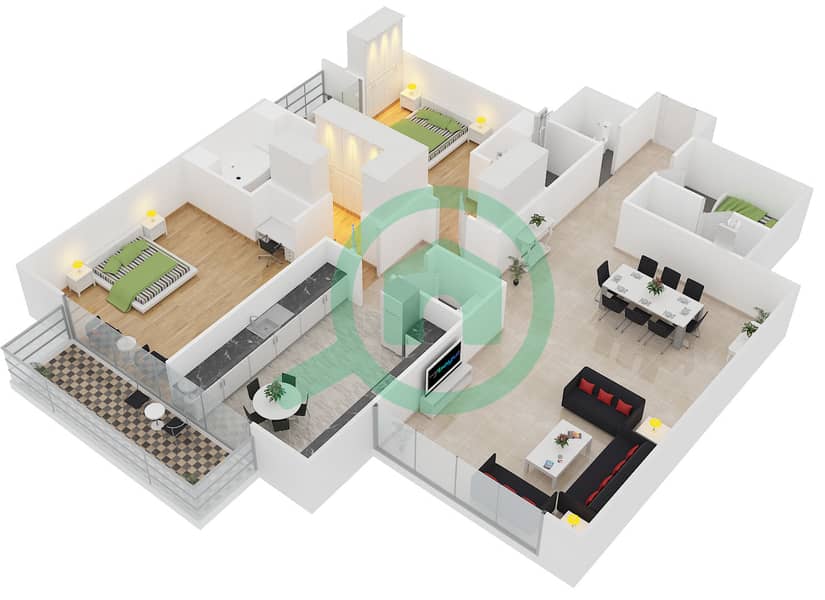 المخططات الطابقية لتصميم النموذج 1 شقة 2 غرفة نوم - برج السيف 2 interactive3D