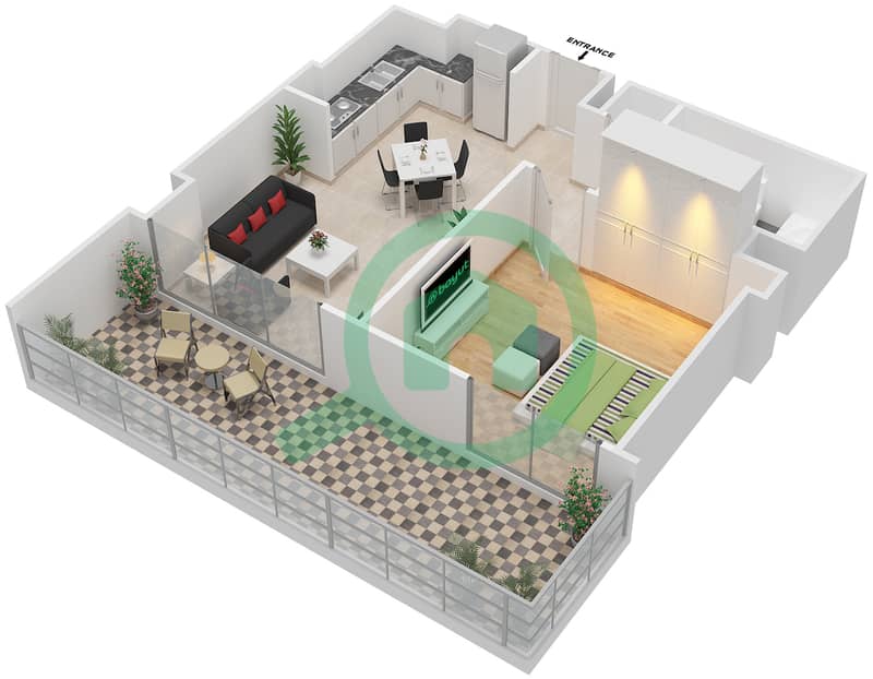 Дженна Мейн Сквер 2 - Апартамент 1 Спальня планировка Тип/мера 1C-1/202,203,303,304 interactive3D