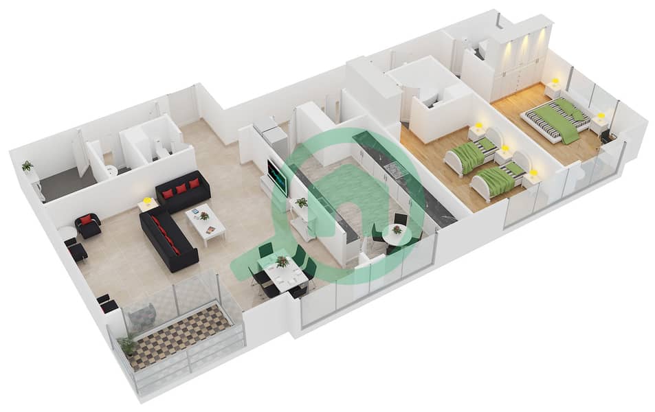 Al Shera Tower - 2 Bedroom Apartment Type 2 Floor plan interactive3D