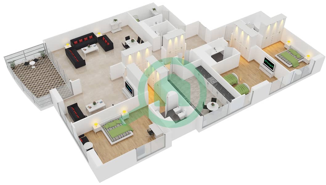 المخططات الطابقية لتصميم النموذج 3 شقة 3 غرف نوم - برج الشراع interactive3D