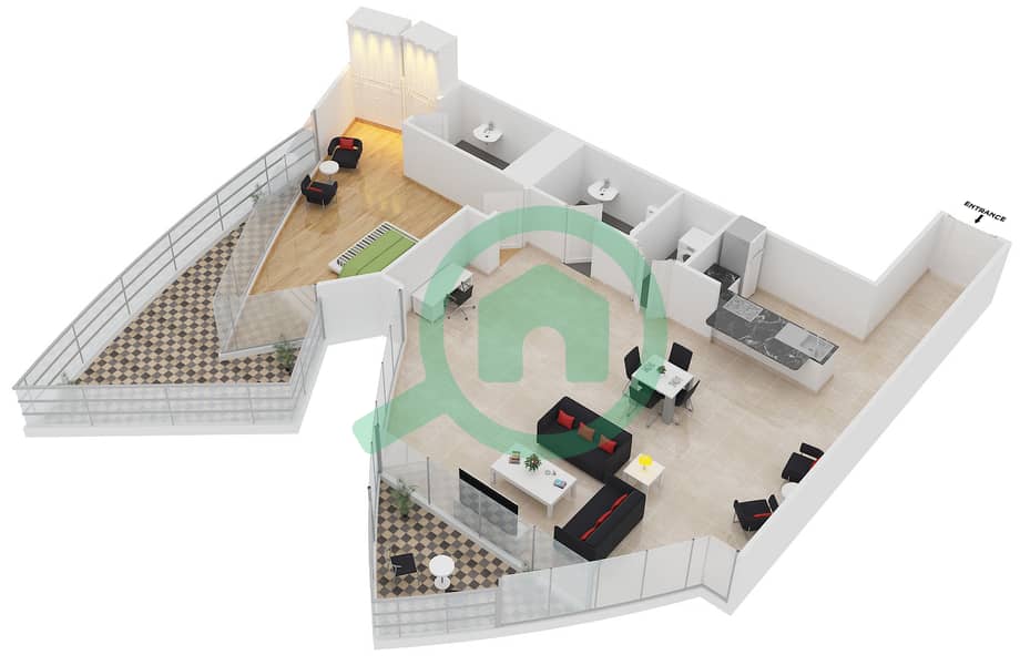 المخططات الطابقية لتصميم الوحدة 8 FLOOR 2-23 شقة 1 غرفة نوم - برج كونكورد interactive3D