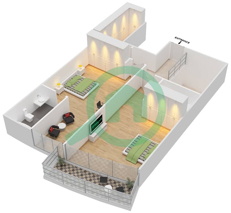 المخططات الطابقية لتصميم الوحدة 8 FLOOR 37,38 شقة 2 غرفة نوم - برج كونكورد interactive3D