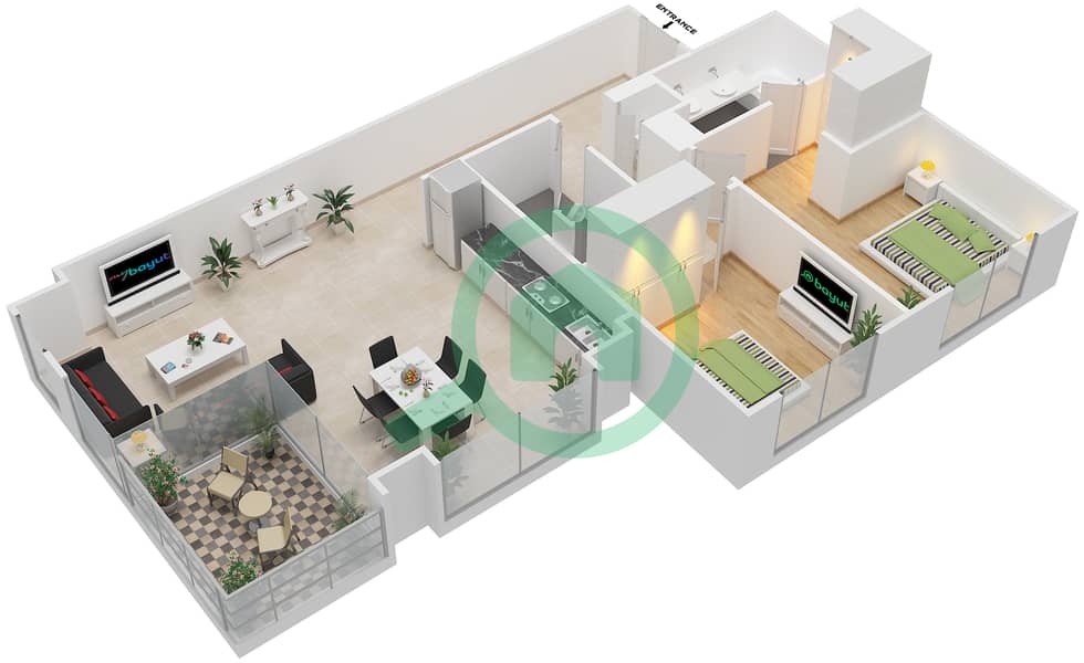 المخططات الطابقية لتصميم النموذج / الوحدة 2E-2/306,309,405,408 شقة 2 غرفة نوم - جنة 2 - الساحة الرئيسية interactive3D