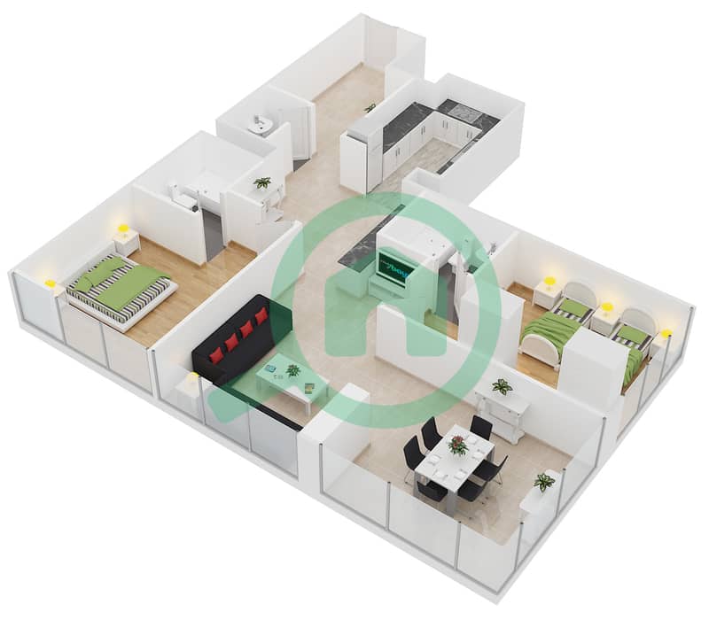 المخططات الطابقية لتصميم النموذج E شقة 2 غرفة نوم - ليك سايد ريزيدنس interactive3D