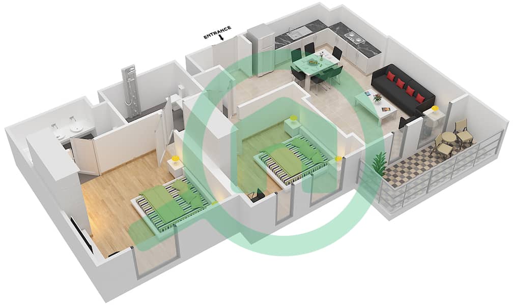 المخططات الطابقية لتصميم النموذج 2B-7 شقة 2 غرفة نوم - شقق زهرة النسيم 1A interactive3D