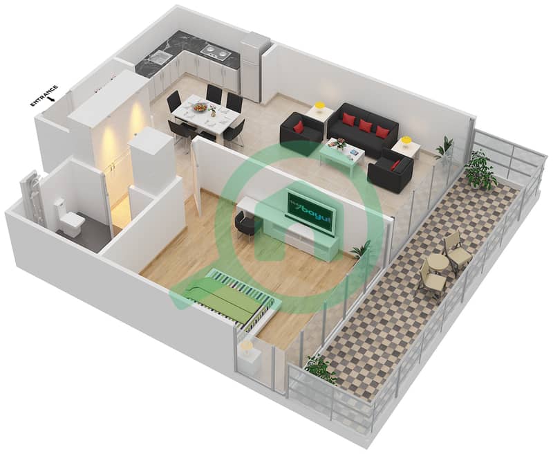 المخططات الطابقية لتصميم النموذج 3A شقة 1 غرفة نوم - عزيزي ريفييرا 10 interactive3D