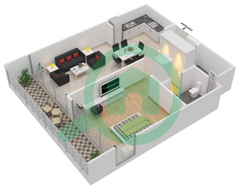 المخططات الطابقية لتصميم النموذج 4 شقة 1 غرفة نوم - عزيزي ريفييرا 10 interactive3D