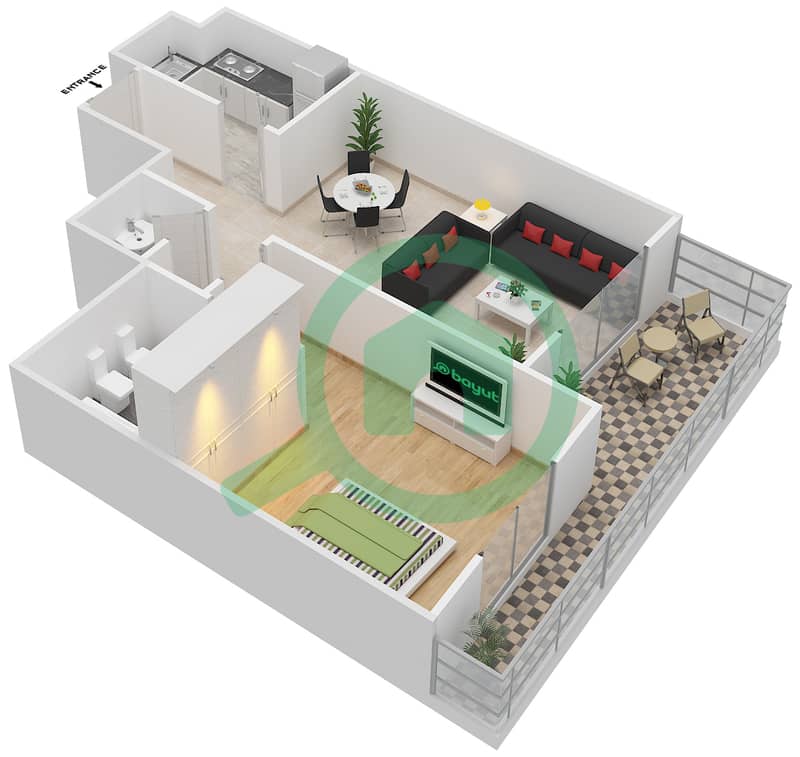Amaya Towers - 1 Bedroom Apartment Type A Floor plan interactive3D
