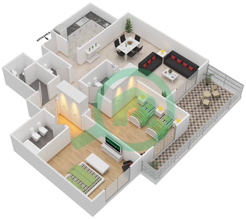 المخططات الطابقية لتصميم النموذج B شقة 2 غرفة نوم - أبراج أمایا interactive3D