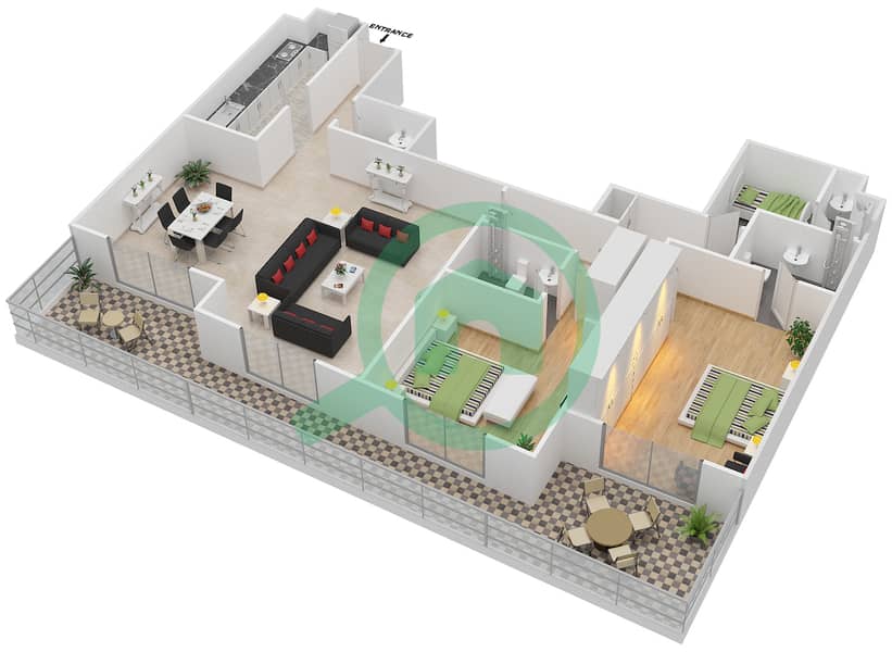 المخططات الطابقية لتصميم النموذج N شقة 2 غرفة نوم - أبراج أمایا interactive3D