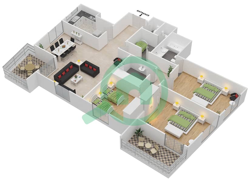 Амайа Тауэрc - Апартамент 3 Cпальни планировка Тип A interactive3D